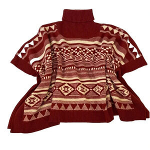 J Peterman Taos Poncho 100% Merino Wool Southwest Print Rust Turtleneck Cape